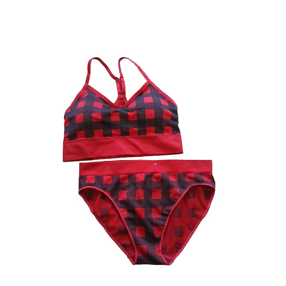 MAURICES Paded Racerback Bra Bikini Panties Set Small/Medium Black & Red Plaid